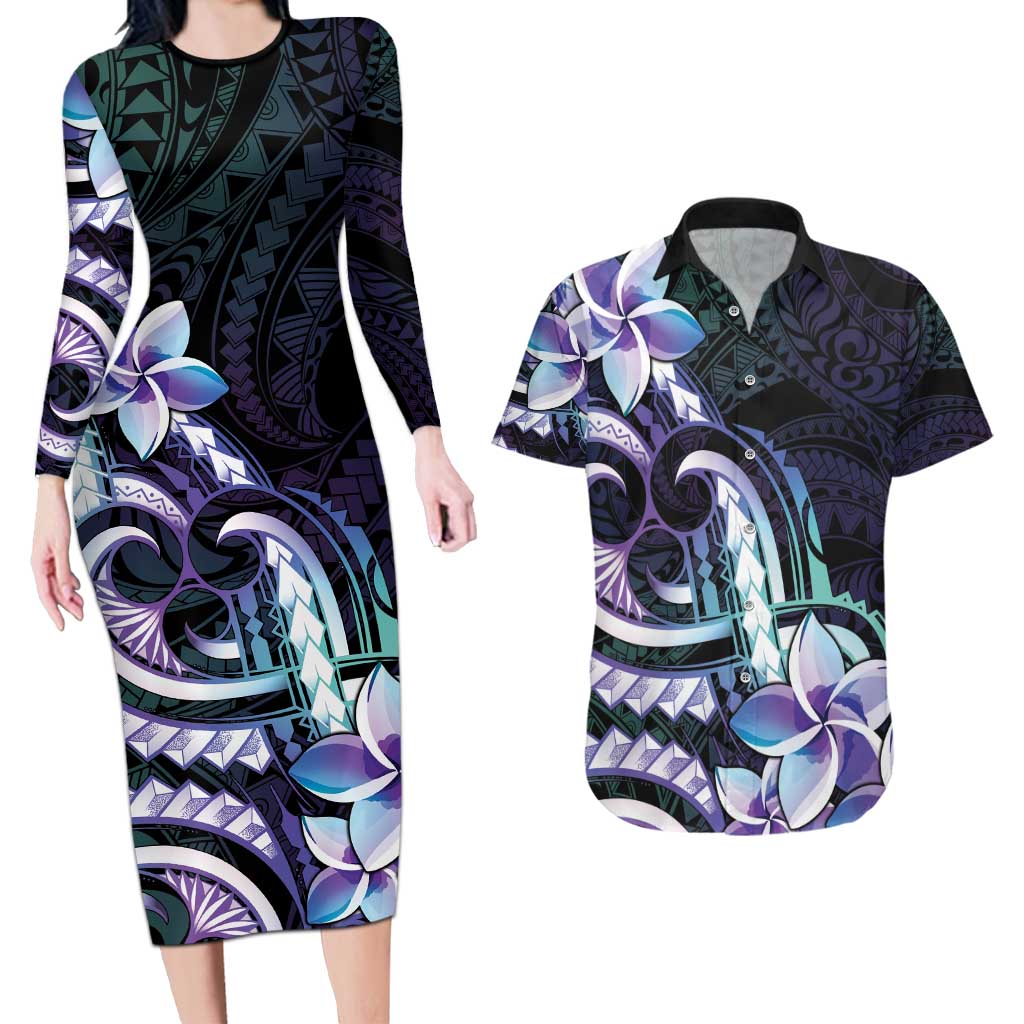 Polynesian Art Tattoo Couples Matching Long Sleeve Bodycon Dress and Hawaiian Shirt Plumeria Flowers Turquoise Gradient LT05 Turquoise - Polynesian Pride