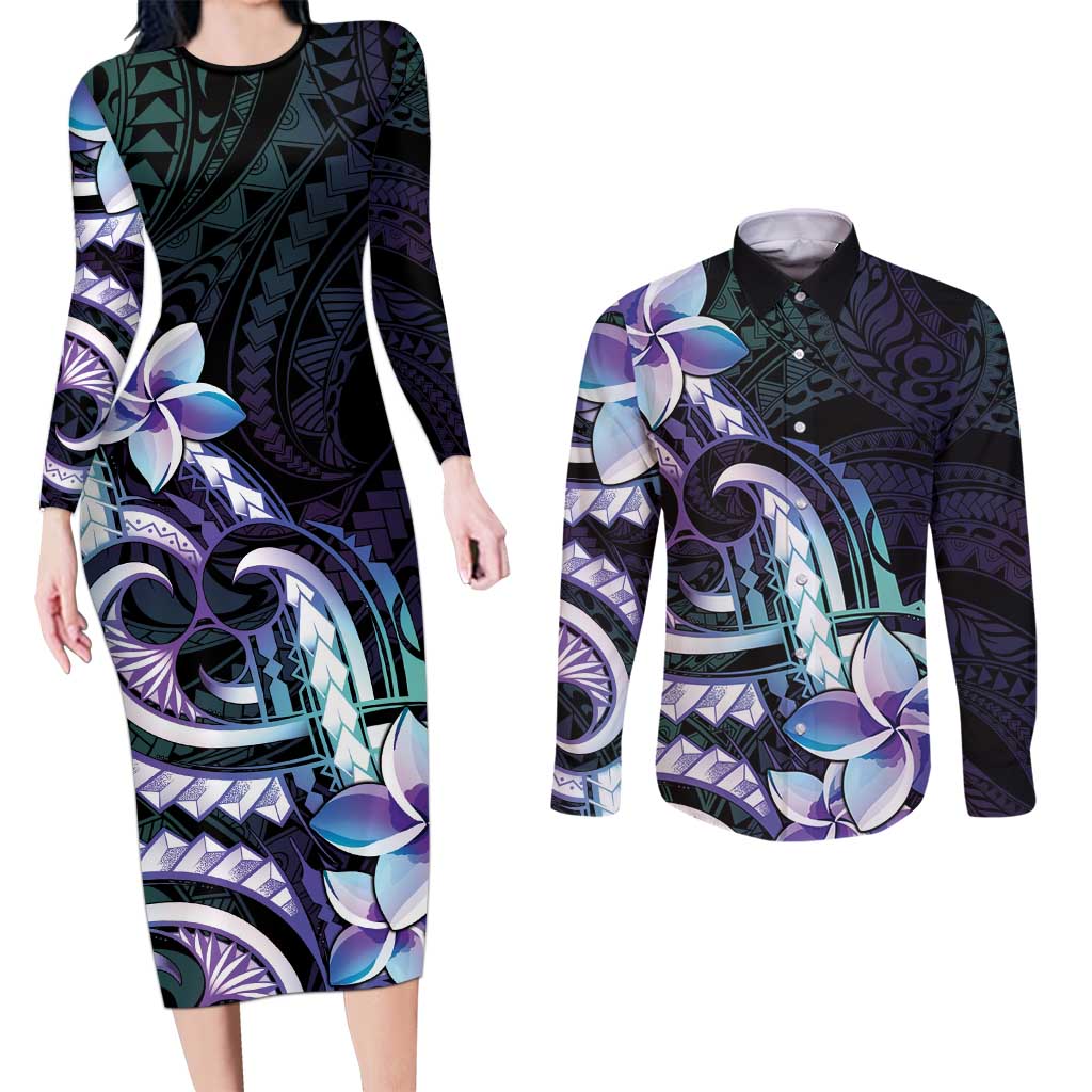 Polynesian Art Tattoo Couples Matching Long Sleeve Bodycon Dress and Long Sleeve Button Shirt Plumeria Flowers Turquoise Gradient LT05 Turquoise - Polynesian Pride