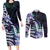 Polynesian Art Tattoo Couples Matching Long Sleeve Bodycon Dress and Long Sleeve Button Shirt Plumeria Flowers Turquoise Gradient LT05 Turquoise - Polynesian Pride