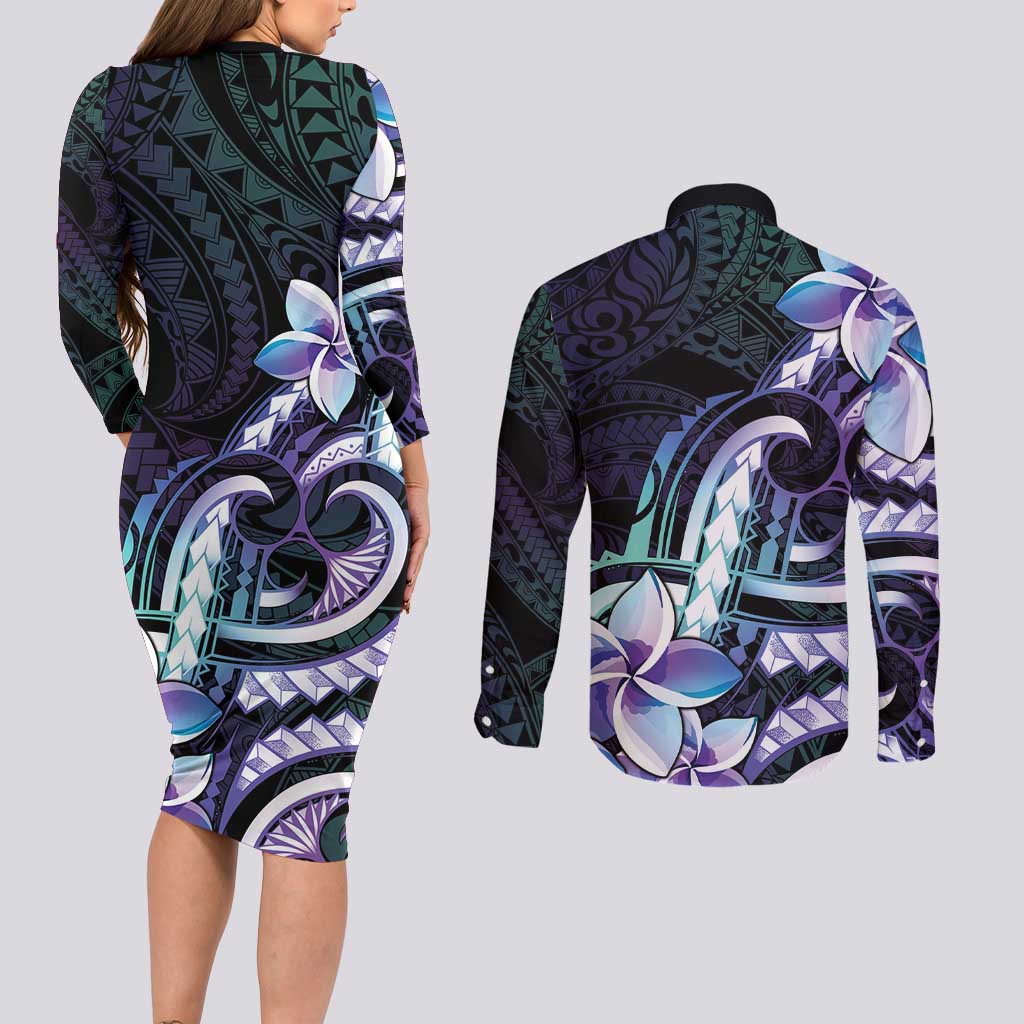 Polynesian Art Tattoo Couples Matching Long Sleeve Bodycon Dress and Long Sleeve Button Shirt Plumeria Flowers Turquoise Gradient LT05 - Polynesian Pride