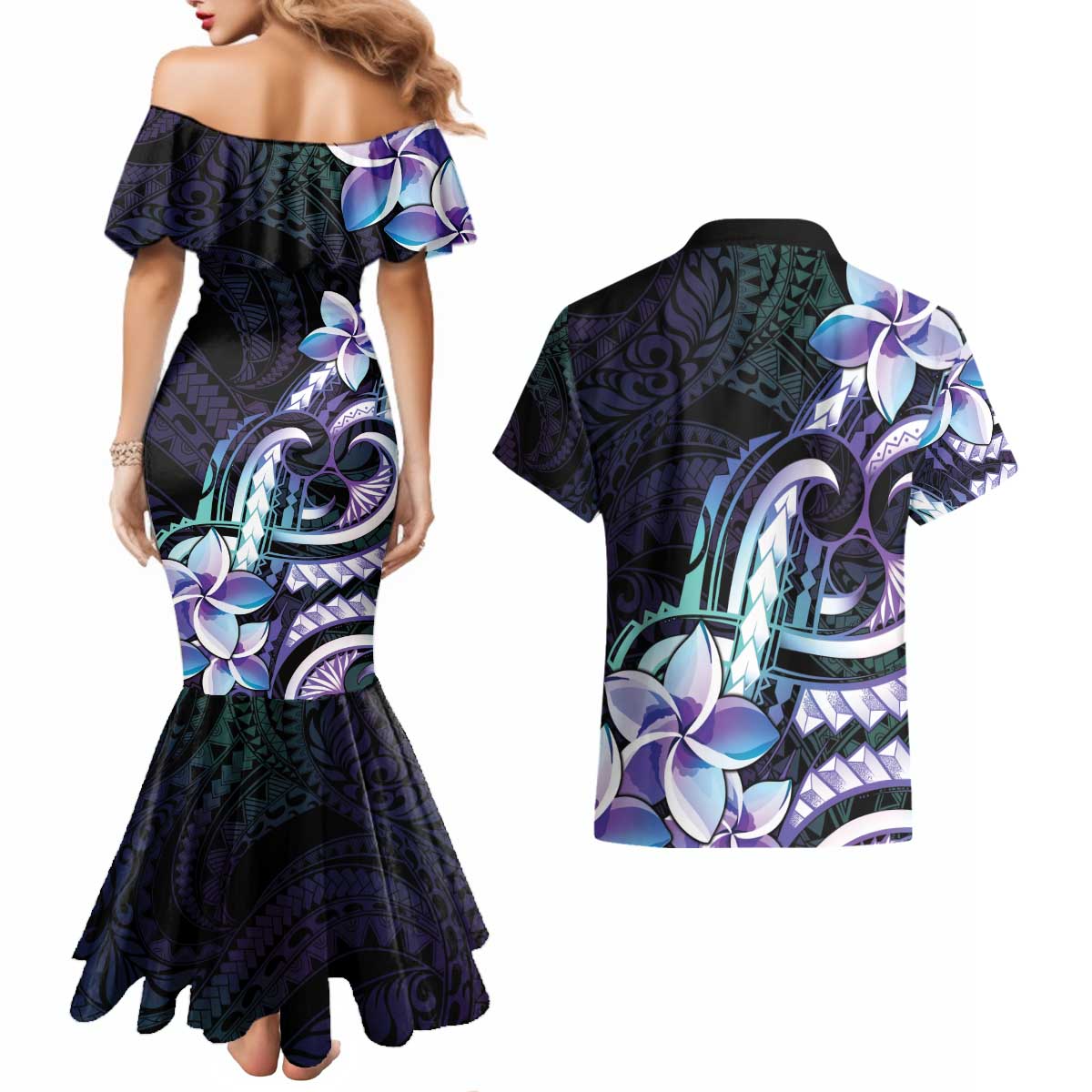 Polynesian Art Tattoo Couples Matching Mermaid Dress and Hawaiian Shirt Plumeria Flowers Turquoise Gradient LT05 - Polynesian Pride