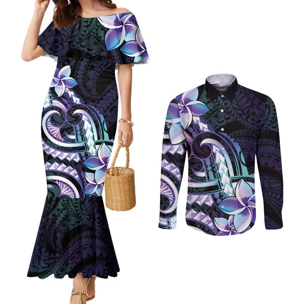 Polynesian Art Tattoo Couples Matching Mermaid Dress and Long Sleeve Button Shirt Plumeria Flowers Turquoise Gradient LT05 Turquoise - Polynesian Pride