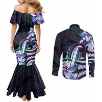 Polynesian Art Tattoo Couples Matching Mermaid Dress and Long Sleeve Button Shirt Plumeria Flowers Turquoise Gradient LT05 - Polynesian Pride