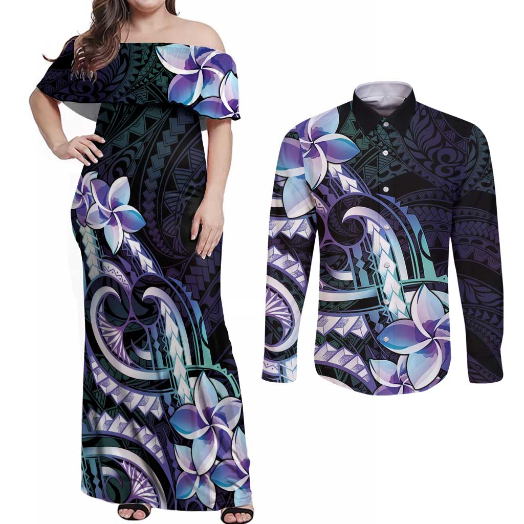 Polynesian Art Tattoo Couples Matching Off Shoulder Maxi Dress and Long Sleeve Button Shirt Plumeria Flowers Turquoise Gradient LT05 Turquoise - Polynesian Pride