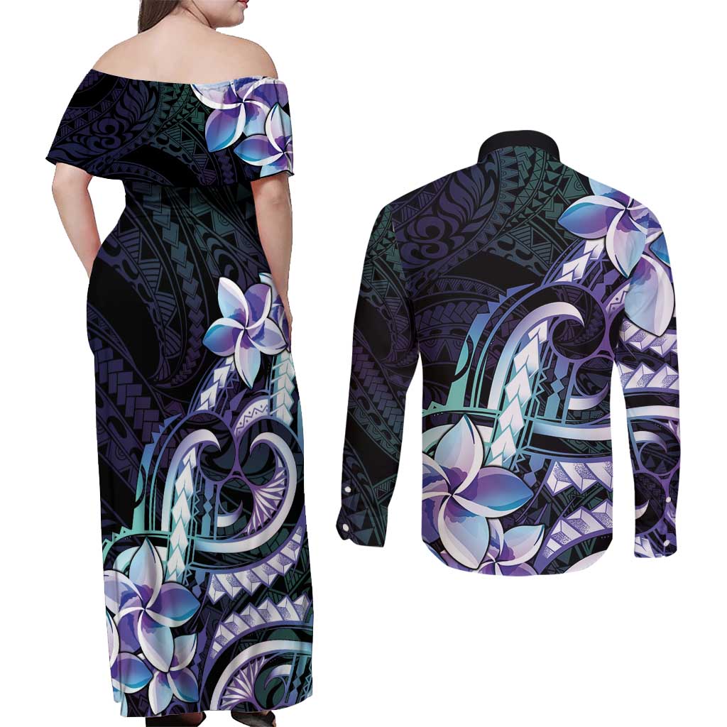 Polynesian Art Tattoo Couples Matching Off Shoulder Maxi Dress and Long Sleeve Button Shirt Plumeria Flowers Turquoise Gradient