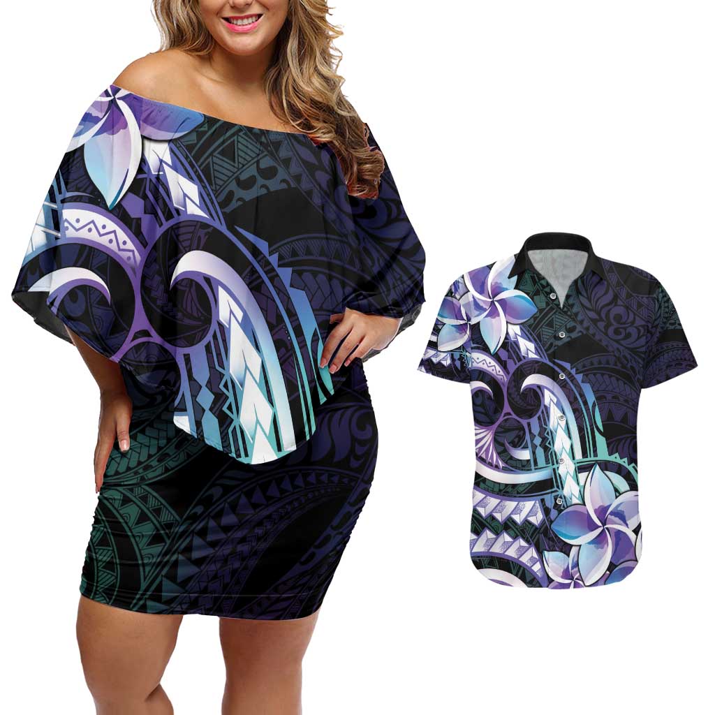 Polynesian Art Tattoo Couples Matching Off Shoulder Short Dress and Hawaiian Shirt Plumeria Flowers Turquoise Gradient LT05 Turquoise - Polynesian Pride