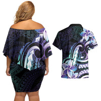 Polynesian Art Tattoo Couples Matching Off Shoulder Short Dress and Hawaiian Shirt Plumeria Flowers Turquoise Gradient LT05 - Polynesian Pride