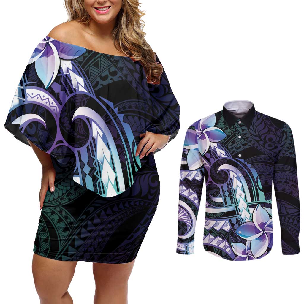 Polynesian Art Tattoo Couples Matching Off Shoulder Short Dress and Long Sleeve Button Shirt Plumeria Flowers Turquoise Gradient LT05 Turquoise - Polynesian Pride