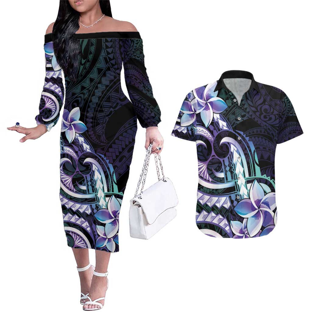 Polynesian Art Tattoo Couples Matching Off The Shoulder Long Sleeve Dress and Hawaiian Shirt Plumeria Flowers Turquoise Gradient LT05 Turquoise - Polynesian Pride