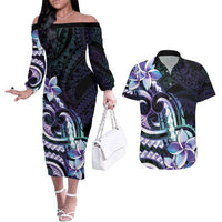 Polynesian Art Tattoo Couples Matching Off The Shoulder Long Sleeve Dress and Hawaiian Shirt Plumeria Flowers Turquoise Gradient LT05 Turquoise - Polynesian Pride