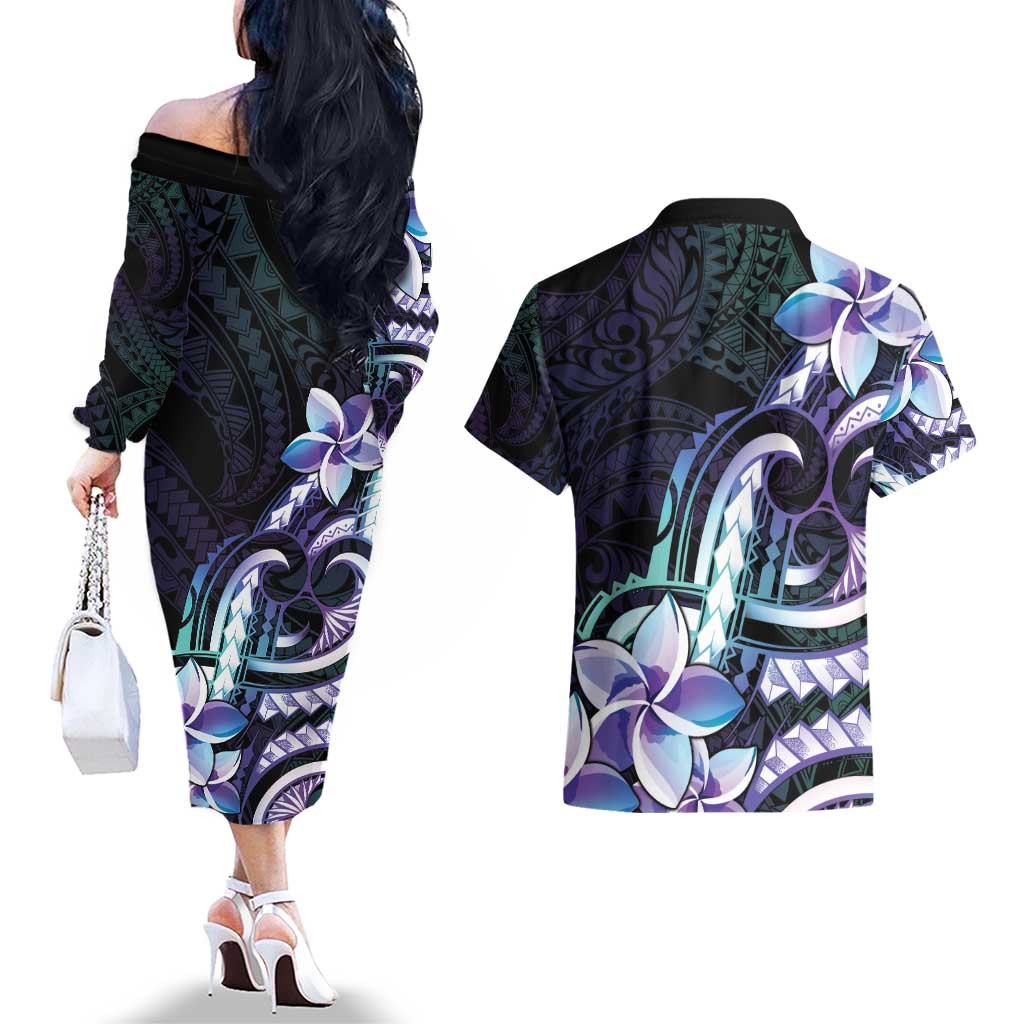 Polynesian Art Tattoo Couples Matching Off The Shoulder Long Sleeve Dress and Hawaiian Shirt Plumeria Flowers Turquoise Gradient LT05 - Polynesian Pride