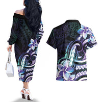 Polynesian Art Tattoo Couples Matching Off The Shoulder Long Sleeve Dress and Hawaiian Shirt Plumeria Flowers Turquoise Gradient LT05 - Polynesian Pride