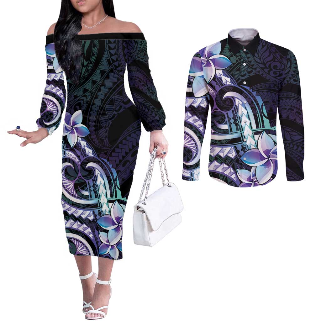 Polynesian Art Tattoo Couples Matching Off The Shoulder Long Sleeve Dress and Long Sleeve Button Shirt Plumeria Flowers Turquoise Gradient LT05 Turquoise - Polynesian Pride