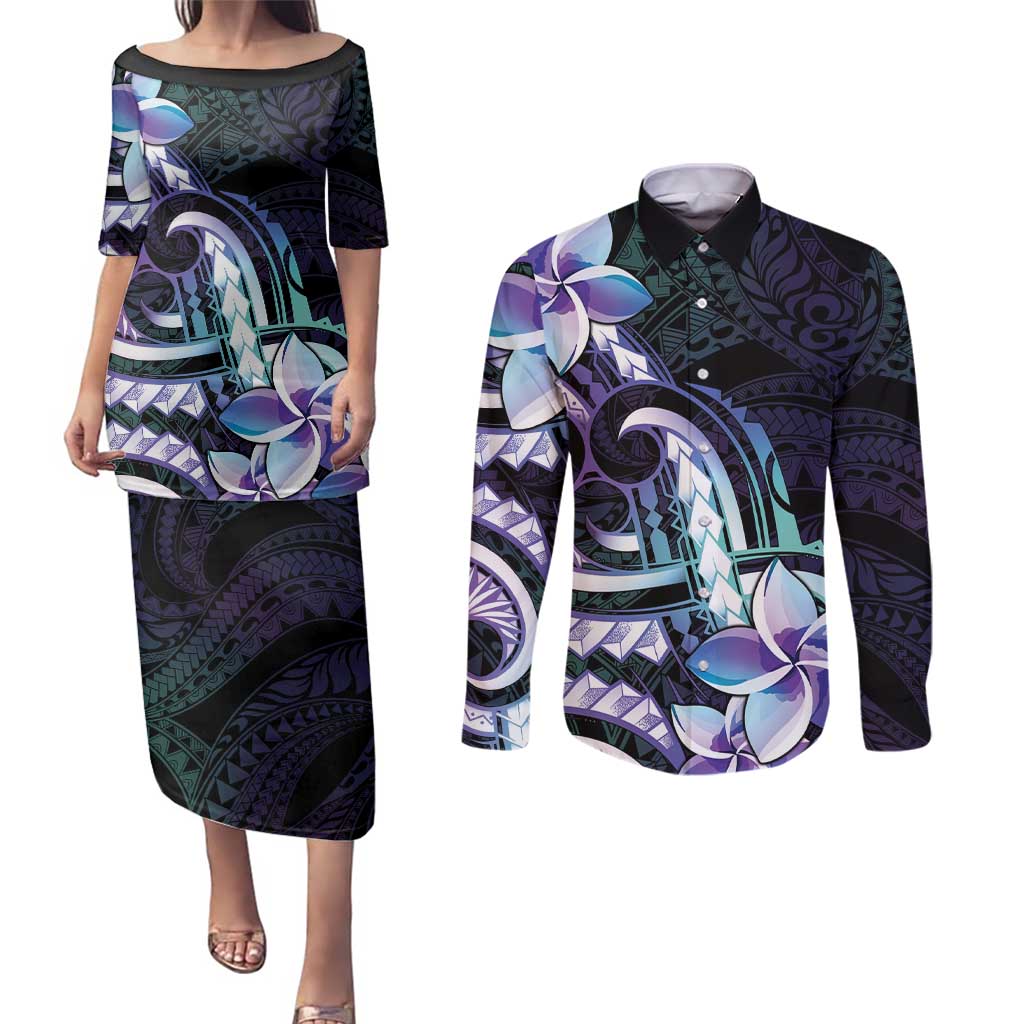 Polynesian Art Tattoo Couples Matching Puletasi and Long Sleeve Button Shirt Plumeria Flowers Turquoise Gradient LT05 Turquoise - Polynesian Pride