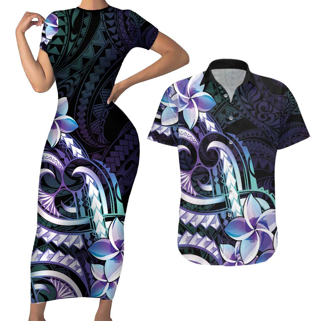 Polynesian Art Tattoo Couples Matching Short Sleeve Bodycon Dress and Hawaiian Shirt Plumeria Flowers Turquoise Gradient LT05 Turquoise - Polynesian Pride