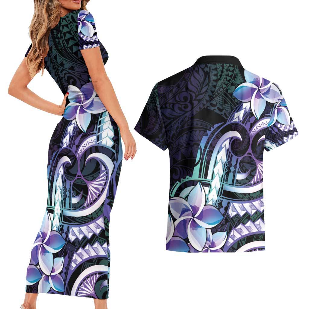 Polynesian Art Tattoo Couples Matching Short Sleeve Bodycon Dress and Hawaiian Shirt Plumeria Flowers Turquoise Gradient LT05 - Polynesian Pride