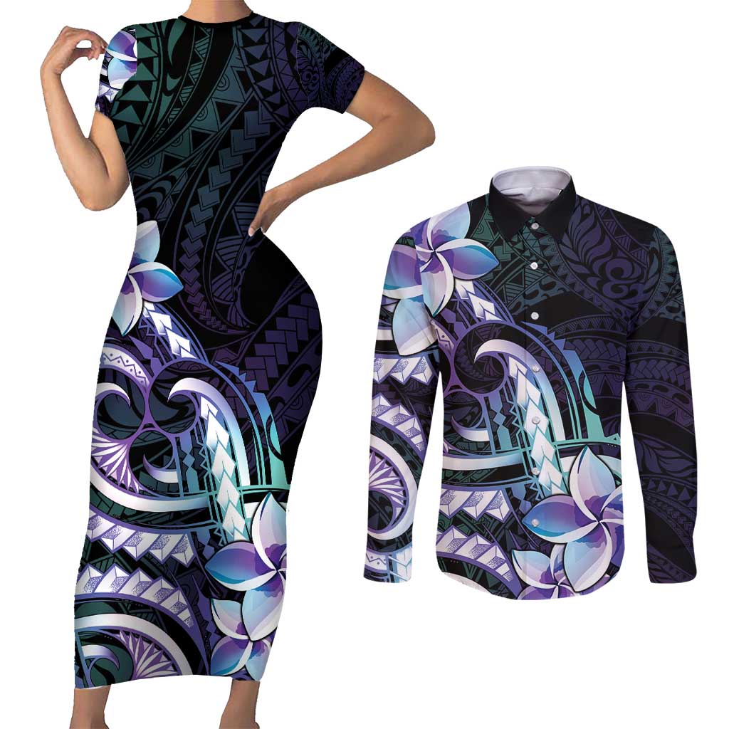 Polynesian Art Tattoo Couples Matching Short Sleeve Bodycon Dress and Long Sleeve Button Shirt Plumeria Flowers Turquoise Gradient LT05 Turquoise - Polynesian Pride