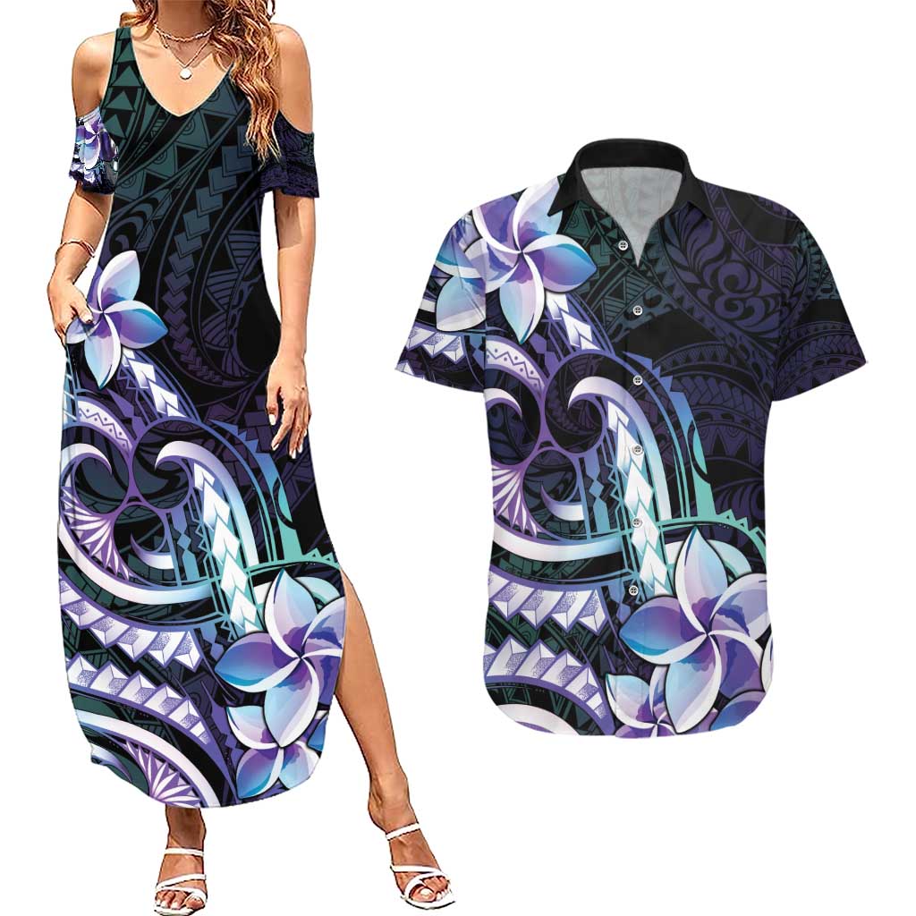 Polynesian Art Tattoo Couples Matching Summer Maxi Dress and Hawaiian Shirt Plumeria Flowers Turquoise Gradient LT05 Turquoise - Polynesian Pride