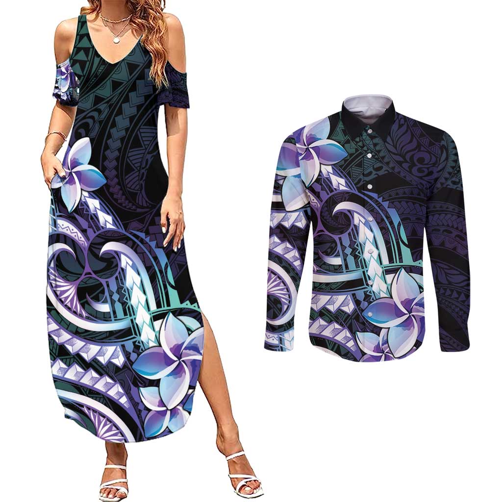 Polynesian Art Tattoo Couples Matching Summer Maxi Dress and Long Sleeve Button Shirt Plumeria Flowers Turquoise Gradient LT05 Turquoise - Polynesian Pride