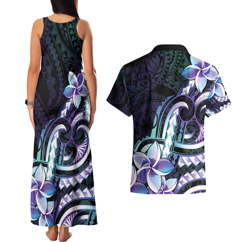 Polynesian Art Tattoo Couples Matching Tank Maxi Dress and Hawaiian Shirt Plumeria Flowers Turquoise Gradient LT05 - Polynesian Pride