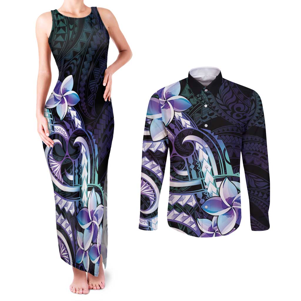 Polynesian Art Tattoo Couples Matching Tank Maxi Dress and Long Sleeve Button Shirt Plumeria Flowers Turquoise Gradient LT05 Turquoise - Polynesian Pride
