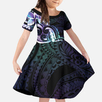 Polynesian Art Tattoo Family Matching Off The Shoulder Long Sleeve Dress and Hawaiian Shirt Plumeria Flowers Turquoise Gradient LT05 Daughter's Dress Turquoise - Polynesian Pride