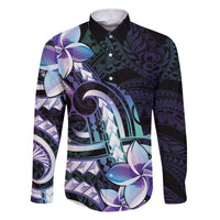 Polynesian Art Tattoo Family Matching Off The Shoulder Long Sleeve Dress and Hawaiian Shirt Plumeria Flowers Turquoise Gradient LT05 Dad's Shirt - Long Sleeve Turquoise - Polynesian Pride