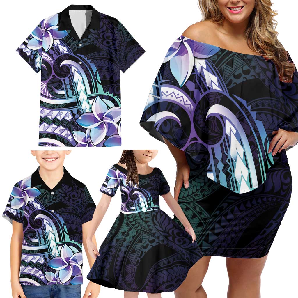 Polynesian Art Tattoo Family Matching Off Shoulder Short Dress and Hawaiian Shirt Plumeria Flowers Turquoise Gradient LT05 - Polynesian Pride