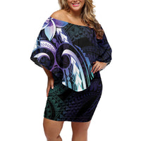 Polynesian Art Tattoo Family Matching Off Shoulder Short Dress and Hawaiian Shirt Plumeria Flowers Turquoise Gradient LT05 Mom's Dress Turquoise - Polynesian Pride