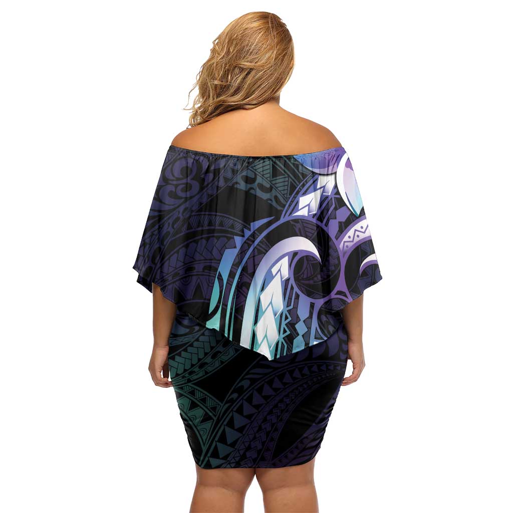 Polynesian Art Tattoo Family Matching Off Shoulder Short Dress and Hawaiian Shirt Plumeria Flowers Turquoise Gradient LT05 - Polynesian Pride
