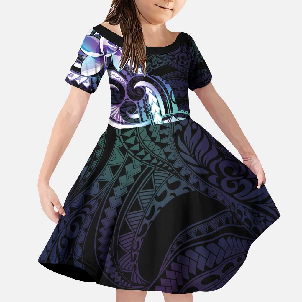 Polynesian Art Tattoo Family Matching Summer Maxi Dress and Hawaiian Shirt Plumeria Flowers Turquoise Gradient LT05 Daughter's Dress Turquoise - Polynesian Pride