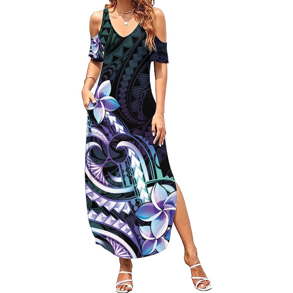 Polynesian Art Tattoo Family Matching Summer Maxi Dress and Hawaiian Shirt Plumeria Flowers Turquoise Gradient LT05 Mom's Dress Turquoise - Polynesian Pride