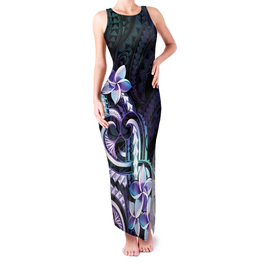 Polynesian Art Tattoo Family Matching Tank Maxi Dress and Hawaiian Shirt Plumeria Flowers Turquoise Gradient LT05 Mom's Dress Turquoise - Polynesian Pride