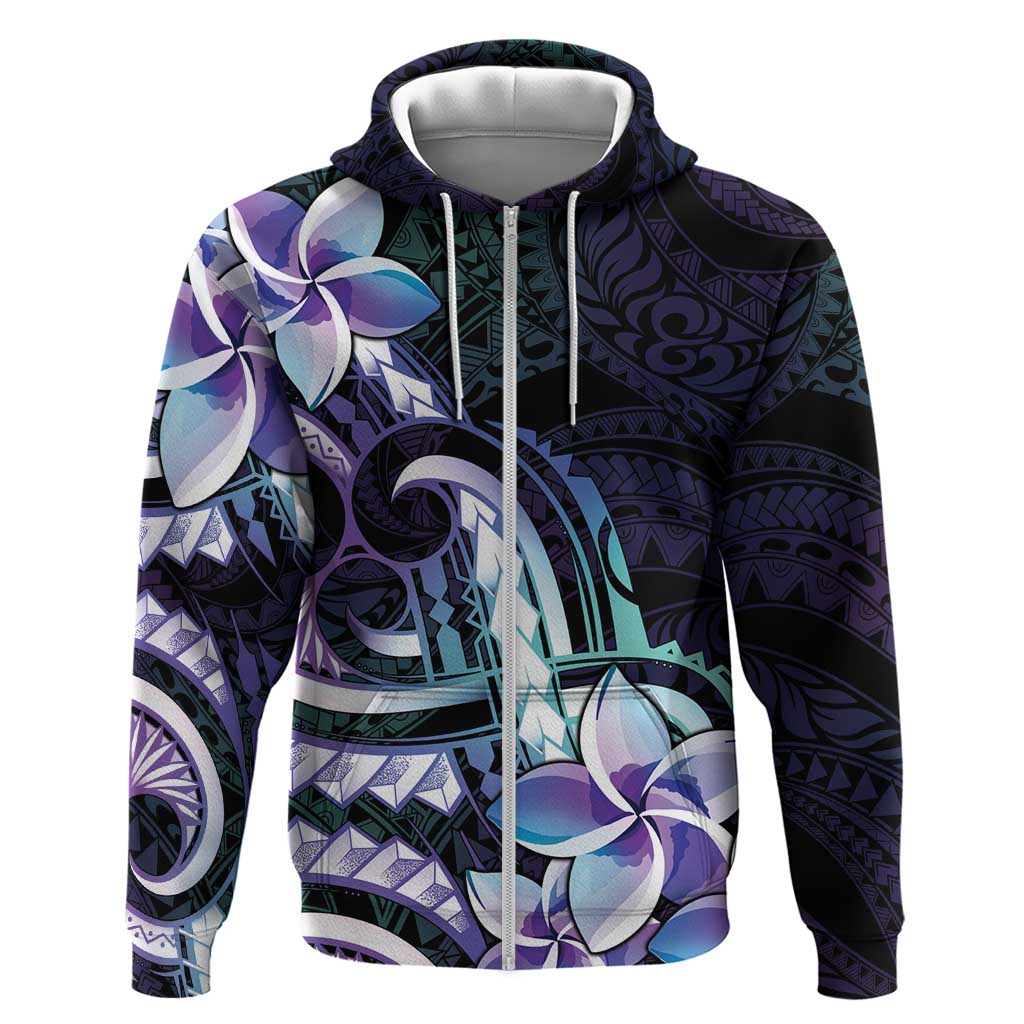 Polynesian Art Tattoo Hoodie Plumeria Flowers Turquoise Gradient LT05 Zip Hoodie Turquoise - Polynesian Pride