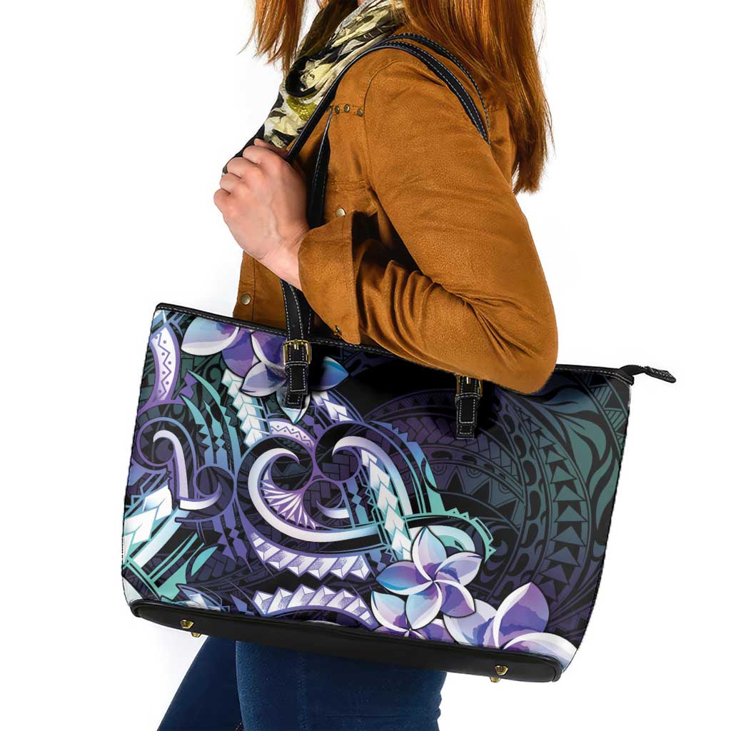 Polynesian Art Tattoo Leather Tote Bag Plumeria Flowers Turquoise Gradient LT05 Turquoise - Polynesian Pride