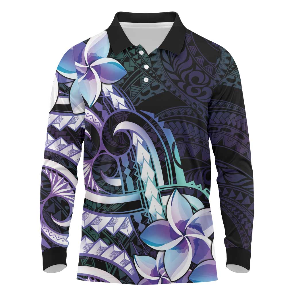 Polynesian Art Tattoo Long Sleeve Polo Shirt Plumeria Flowers Turquoise Gradient LT05 Turquoise - Polynesian Pride