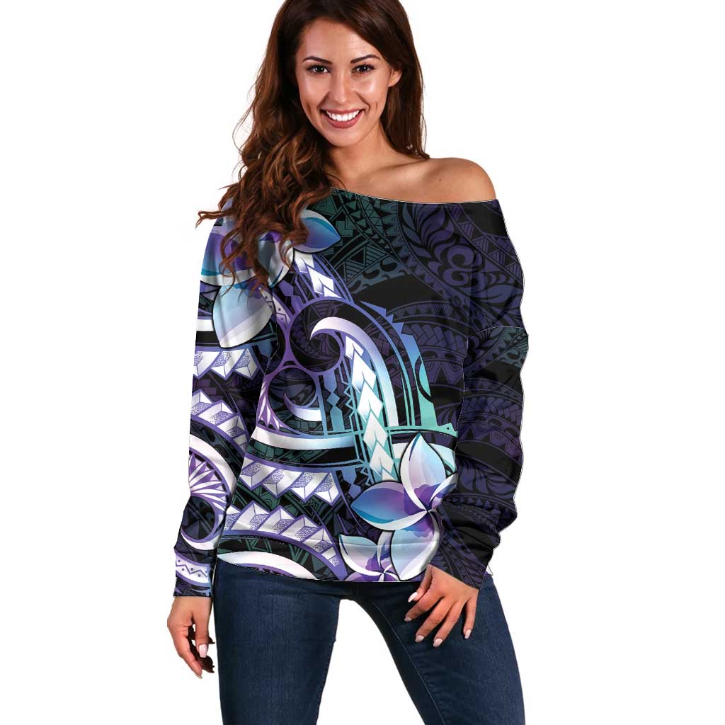Polynesian Art Tattoo Off Shoulder Sweater Plumeria Flowers Turquoise Gradient LT05 Women Turquoise - Polynesian Pride