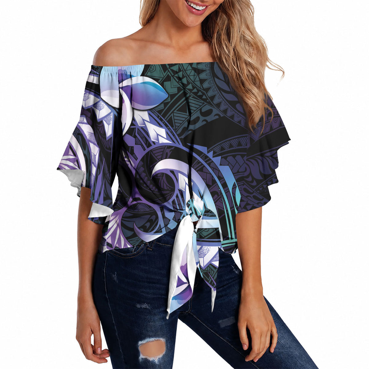 Polynesian Art Tattoo Off Shoulder Wrap Waist Top Plumeria Flowers Turquoise Gradient LT05 - Polynesian Pride