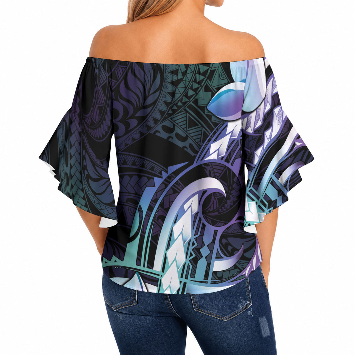 Polynesian Art Tattoo Off Shoulder Wrap Waist Top Plumeria Flowers Turquoise Gradient LT05 - Polynesian Pride