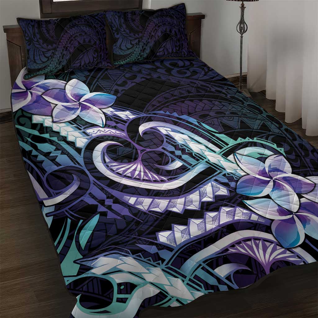 Polynesian Art Tattoo Quilt Bed Set Plumeria Flowers Turquoise Gradient LT05 Turquoise - Polynesian Pride