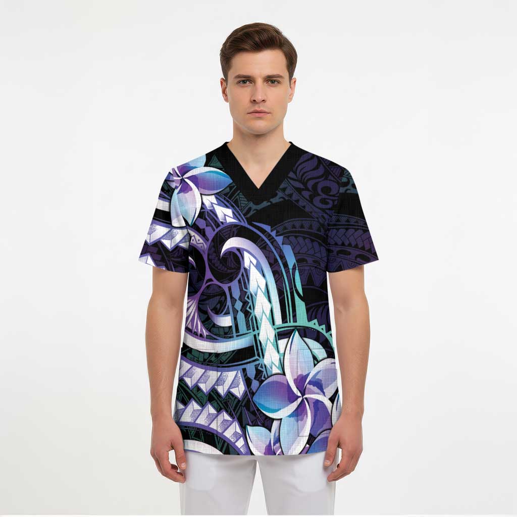Polynesian Art Tattoo Scrub Top Plumeria Flowers Turquoise Gradient - Polynesian Pride