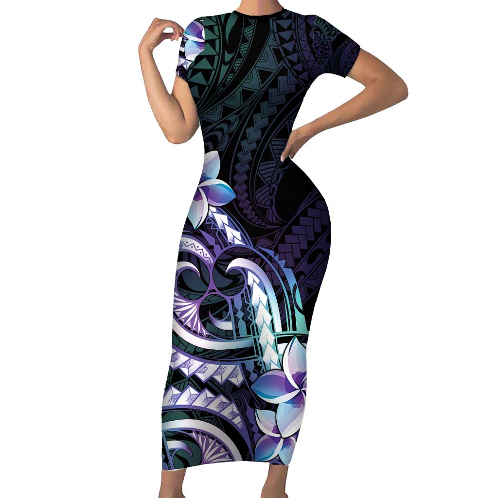 Polynesian Art Tattoo Short Sleeve Bodycon Dress Plumeria Flowers Turquoise Gradient LT05 Long Dress Turquoise - Polynesian Pride