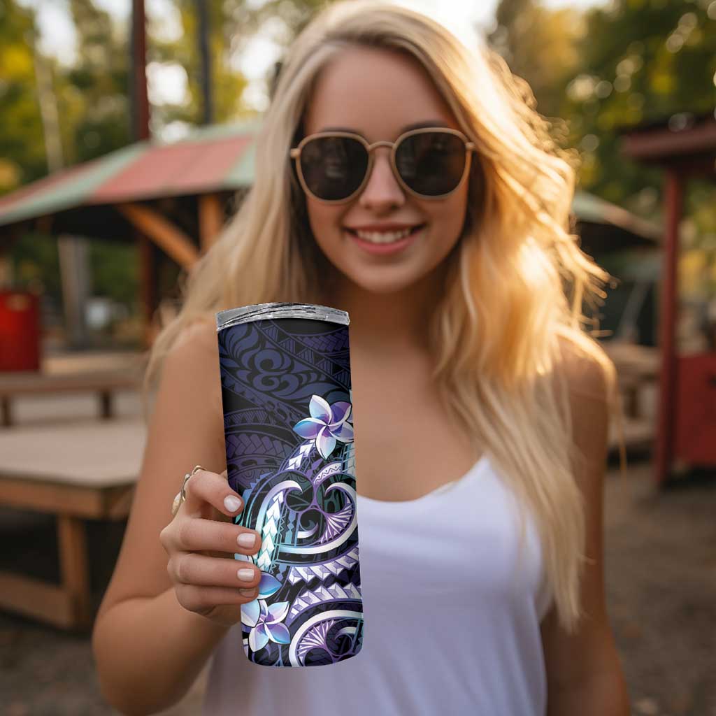Polynesian Art Tattoo Skinny Tumbler Plumeria Flowers Turquoise Gradient
