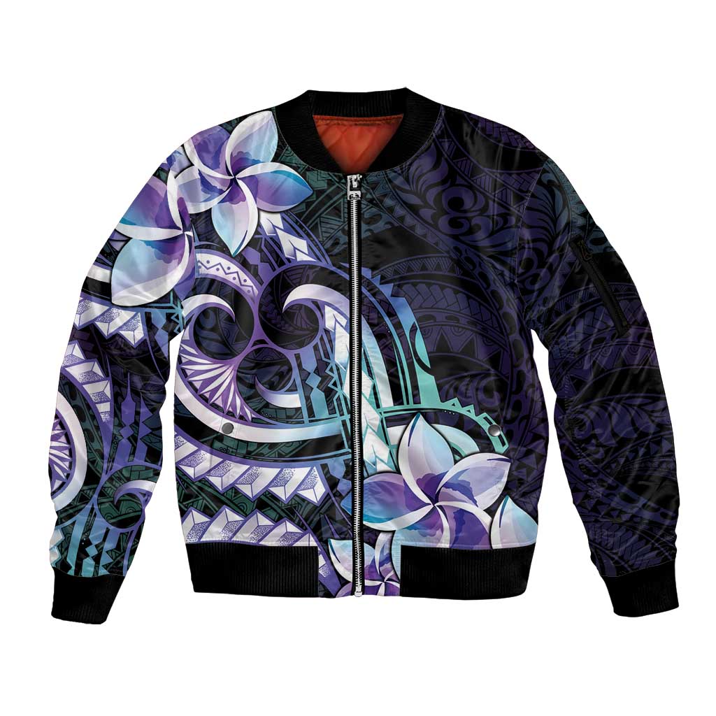Polynesian Art Tattoo Sleeve Zip Bomber Jacket Plumeria Flowers Turquoise Gradient LT05 Unisex Turquoise - Polynesian Pride