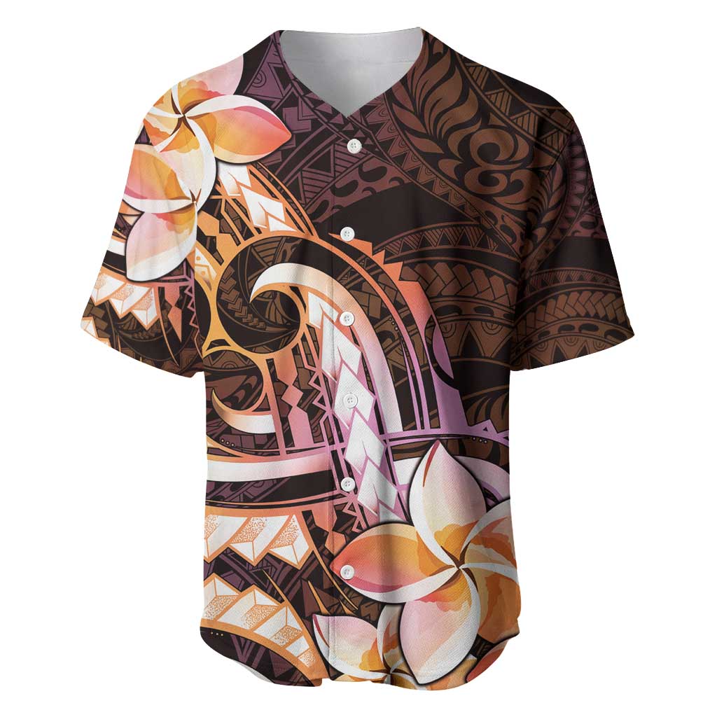 Polynesian Art Tattoo Baseball Jersey Plumeria Flowers Peach Gradient