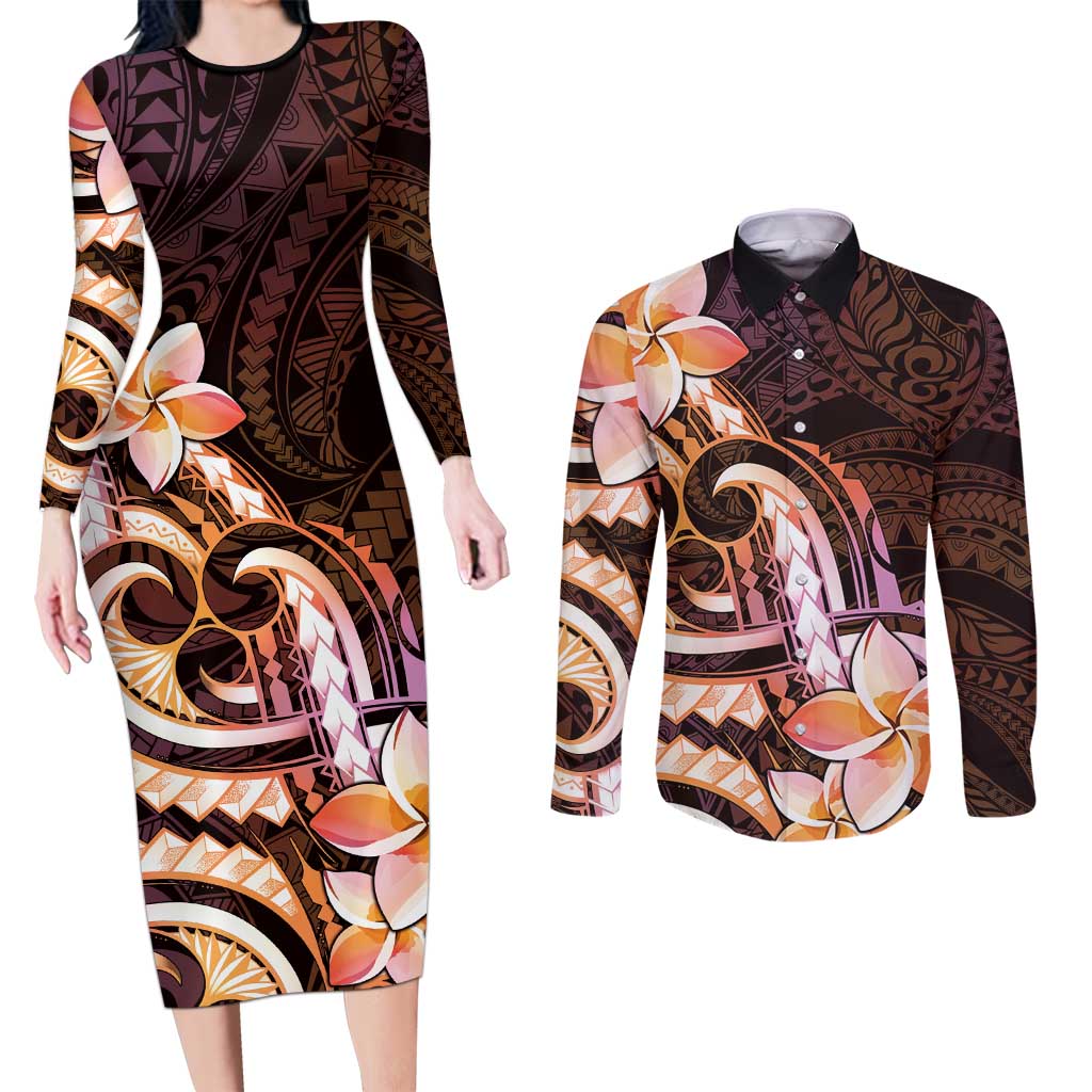 Polynesian Art Tattoo Couples Matching Long Sleeve Bodycon Dress and Long Sleeve Button Shirt Plumeria Flowers Peach Gradient LT05 Peach - Polynesian Pride
