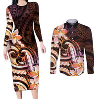 Polynesian Art Tattoo Couples Matching Long Sleeve Bodycon Dress and Long Sleeve Button Shirt Plumeria Flowers Peach Gradient LT05 Peach - Polynesian Pride