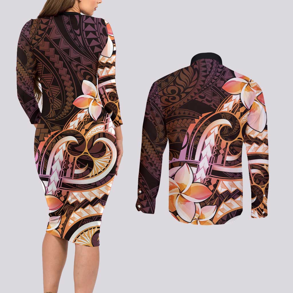 Polynesian Art Tattoo Couples Matching Long Sleeve Bodycon Dress and Long Sleeve Button Shirt Plumeria Flowers Peach Gradient LT05 - Polynesian Pride