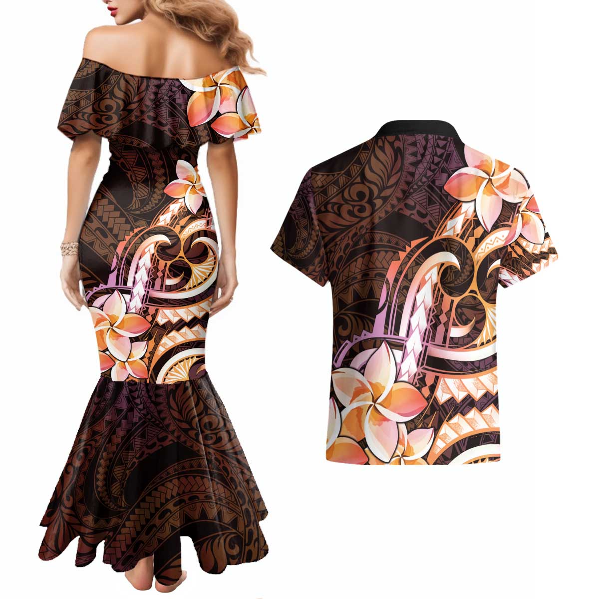 Polynesian Art Tattoo Couples Matching Mermaid Dress and Hawaiian Shirt Plumeria Flowers Peach Gradient LT05 - Polynesian Pride