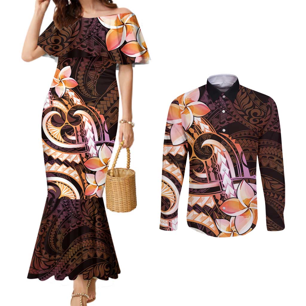 Polynesian Art Tattoo Couples Matching Mermaid Dress and Long Sleeve Button Shirt Plumeria Flowers Peach Gradient LT05 Peach - Polynesian Pride